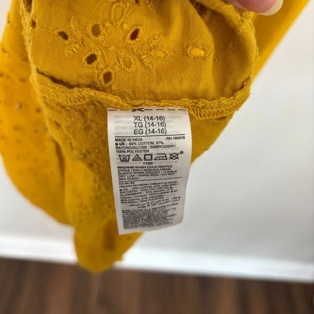 Old Navy Girls Maxi Dress XL 14 Golden Yellow Cotton Blend Eyelet Hem Sleeveless